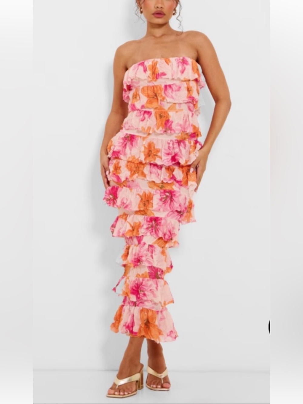 🚨 SALE- Strapless midi dress, 2, multi-tiered flouncy floral Romantic Ruffles